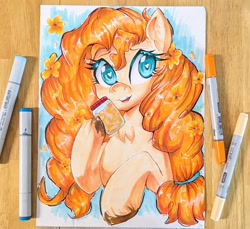 Size: 2261x2072 | Tagged: safe, artist:floralshitpost, pear butter, earth pony, pony, g4, flower, flower in hair, heart, heart eyes, markers, photo, traditional art, unshorn fetlocks, wingding eyes