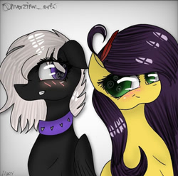 Size: 750x745 | Tagged: safe, artist:marzipan_studios, oc, oc only, oc:marzi, oc:onyxstar (fl), pegasus, pony, choker, duo, floppy ears, looking at each other, looking at someone, quill, smiling, spiked choker, waist up