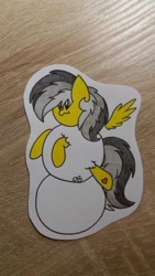 Size: 320x567 | Tagged: safe, artist:cherry.317, oc, oc only, oc:thunder (fl), pegasus, pony, cropped, male, photo, signature, snow, snowman, solo, stallion, traditional art