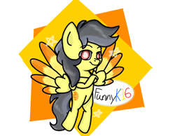 Size: 1548x1204 | Tagged: safe, artist:funnyk16, oc, oc only, oc:thunder (fl), pegasus, pony, flying, looking at you, signature, simple background, smiling, solo, white background
