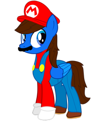 Size: 768x1024 | Tagged: safe, artist:bluemario11, oc, oc only, oc:blue thunder, pegasus, clothes, costume, facial hair, male, mar10 day, mario, mario day, mario hat, moustache, simple background, solo, super mario bros., transparent background