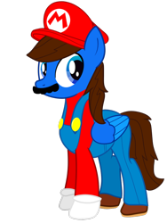 Size: 768x1024 | Tagged: safe, artist:bluemario11, oc, oc only, oc:blue thunder, pegasus, pony, clothes, costume, facial hair, male, mar10 day, mario, mario day, mario hat, moustache, simple background, solo, super mario bros., transparent background