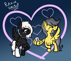 Size: 1873x1612 | Tagged: safe, artist:razor uniboop, oc, oc only, oc:onyxstar (fl), oc:thunder (fl), pegasus, pony, couple, duo, female, gradient background, heart, heart background, letter, love letter, male, mare, oc x oc, raised hoof, shipping, shy, stallion