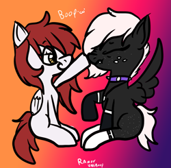 Size: 1107x1085 | Tagged: safe, artist:razor uniboop, oc, oc only, oc:kira (fl), oc:onyxstar (fl), pegasus, pony, boop, confident, degradation, duo, gradient background, raised hoof, spread wings, wings