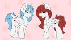 Size: 360x203 | Tagged: safe, artist:emeraldthepony, oc, oc only, oc:kira (fl), oc:nara (fl), alicorn, pegasus, pony, abstract background, one eye closed, siblings, smiling, stars, wink