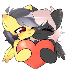 Size: 2310x2436 | Tagged: safe, artist:arwencuack, oc, oc only, oc:onyxstar (fl), oc:thunder (fl), pegasus, pony, blushing, commission, couple, duo, heart, human shoulders, shipping, simple background, white background, ych result