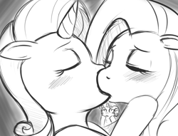 Size: 850x650 | Tagged: artist needed, safe, fluttershy, rarity, sweetie belle, pegasus, unicorn, g4, ask flutterfuckershy, female, horn, kiss on the lips, kissing, lesbian
