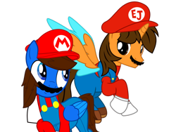 Size: 1024x768 | Tagged: safe, artist:bluemario11, oc, oc only, oc:blue thunder, oc:ej, alicorn, pegasus, g4, clothes, costume, duo, duo male, male, mar10 day, mario, mario day, mario hat, simple background, super mario bros., transparent background