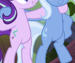 Size: 563x473 | Tagged: safe, screencap, starlight glimmer, trixie, pony, g4, road to friendship, belly, bipedal, cropped, duo, pictures of bellies, round belly, smiling