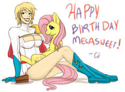 Size: 1105x817 | Tagged: safe, artist:cartoonlion, fluttershy, human, pegasus, pony, g4, boob window, breasts, cake, cleavage, crossover, dc comics, duo, duo female, female, food, happy birthday, looking at you, mare, power girl, simple background, smiling, smiling at you, white background