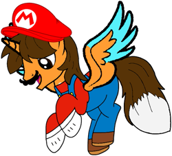 Size: 539x490 | Tagged: safe, artist:rydersimmer, oc, oc only, oc:ej, alicorn, clothes, costume, facial hair, male, mar10 day, mario, mario day, mario hat, moustache, simple background, solo, super mario bros., transparent background