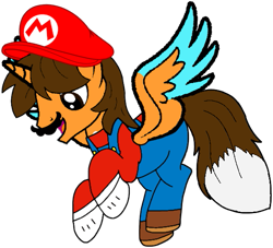 Size: 539x490 | Tagged: safe, artist:rydersimmer, oc, oc only, oc:ej, alicorn, g4, clothes, costume, facial hair, male, mar10 day, mario, mario day, mario hat, moustache, simple background, solo, super mario bros., transparent background