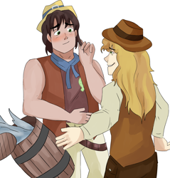 Size: 3000x3139 | Tagged: safe, artist:lapidotisgr8, braeburn, trouble shoes, human, g4, barrel, belt, blushing, clothes, cowboy hat, cowboy vest, denim, duo, duo male, gay, hat, humanized, jeans, looking at each other, looking at someone, male, pants, shipping, shirt, simple background, troubleburn, vest, water, white background