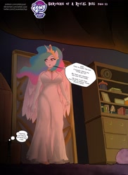Size: 2360x3240 | Tagged: safe, artist:artistic-pad, princess celestia, oc, anthro, comic:services of a royal bug, breasts, clothes, comic, dress, female, gloves, micro