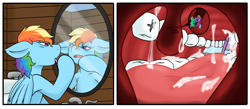 Size: 8000x3500 | Tagged: safe, artist:noblebrony317, rainbow dash, pegasus, pony, fanfic:a small issue, g4, anatomically incorrect, cleaning, clothes, construction pony, crack, dental gag, drool, graffiti, hard hat, hat, implied discord, micro, mouth cam, nudity, open mouth, sink, sleepy, teeth, tongue out, toothbrush, unaware, uvula, vore