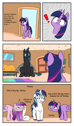 Size: 1551x2631 | Tagged: safe, anonymous artist, artist:polofastter, princess cadance, queen chrysalis, shining armor, twilight sparkle, alicorn, changeling, changeling queen, pony, unicorn, g4, ceiling, changeling overfeeding, comic, exclamation point, female, frown, growth, horn, horn impalement, implied infidelity, implied shining chrysalis, implied shipping, implied straight, nervous, oh crap face, quadrupedal, raised hoof, scared, shining armor is a goddamn moron, shocked, simple background, sitting, stare, suspicious, suspicious neck, sweat, sweatdrop, sweating profusely, teary eyes, twilight sparkle (alicorn), white background, why is bug big shining, wide eyes, woonoggles