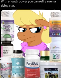 Size: 720x923 | Tagged: safe, artist:jargon scott, ms. harshwhinny, earth pony, pony, g4, bust, female, frown, furrowed brow, implied infertility, mare, meme, pill bottle, simple background, solo, text, white background