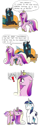 Size: 1919x6096 | Tagged: safe, anonymous artist, artist:polofastter, princess cadance, queen chrysalis, shining armor, changeling, changeling queen, pony, unicorn, g4, angry, chest fluff, comic, couch, cutie mark, exclamation point, female, floppy ears, frown, horn, implied infidelity, implied shining chrysalis, implied shipping, implied straight, liar face, lidded eyes, long mane, looking away, lying down, nervous, oh crap face, prone, quadrupedal, scared, shining armor is a goddamn moron, shocked, simple background, smug, stare, sudden realization, suspicious, suspicious neck, sweat, sweating profusely, text, this will not end well, wavy mouth, white background, why is bug big shining, wide eyes, woonoggles