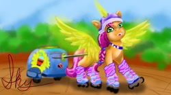 Size: 780x438 | Tagged: artist needed, safe, sunny starscout, alicorn, pony, g5, my little pony: a new generation, my little pony: tell your tale, artificial horn, artificial wings, augmented, braid, braided ponytail, female, helmet, horn, magic, magic horn, magic wings, mare, outdoors, ponytail, race swap, roller skates, rollerblades, scrunchie, skates, solo, spread wings, sunny's bag, sunnycorn, wings