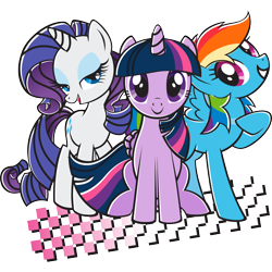 Size: 2048x2048 | Tagged: artist needed, safe, alternate version, rainbow dash, rarity, twilight sparkle, alicorn, pegasus, pony, unicorn, g4, official, abstract background, black outlines, checkered, closed mouth, design, female, folded wings, grin, horn, lidded eyes, looking at you, mare, open mouth, open smile, raised hoof, retro, simple background, smiling, spread wings, stock vector, transparent background, trio, trio female, twilight sparkle (alicorn), vector, wings, zazzle