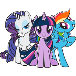 Size: 2048x2048 | Tagged: artist needed, safe, alternate version, rainbow dash, rarity, twilight sparkle, alicorn, pegasus, pony, unicorn, g4, official, black outlines, closed mouth, design, female, folded wings, grin, horn, lidded eyes, looking at you, mare, open mouth, open smile, raised hoof, simple background, sitting, smiling, spread wings, standing, stock vector, transparent background, trio, trio female, twilight sparkle (alicorn), vector, wings, zazzle