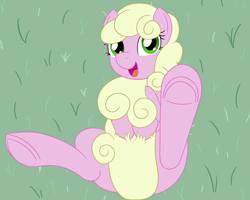 Size: 4000x3200 | Tagged: safe, artist:mariculture, millie, earth pony, pony, g4, covering, female, grass, looking at you, lying down, mare, on back, open mouth, open smile, smiling, solo, spread legs, spreading, tail, tail covering, underhoof