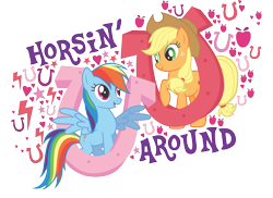 Size: 2048x1489 | Tagged: safe, applejack, rainbow dash, earth pony, pegasus, pony, g4, official, apple, closed mouth, design, duo, duo female, female, food, heart, horseshoes, horsing around, lightning, looking at each other, looking at someone, mare, merchandise, open mouth, open smile, raised hoof, shirt design, simple background, smiling, spread wings, text, transparent background, vector, wings, zazzle