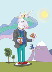 Size: 1280x1768 | Tagged: safe, artist:lytlethelemur, princess celestia, alicorn, anthro, g4, ambiguous gender, bojack horseman, canterlot castle, clothes, crossover, cursed image, drink, food, grass, jewelry, necklace, pants, shoes, sneakers, suit, sun, tree