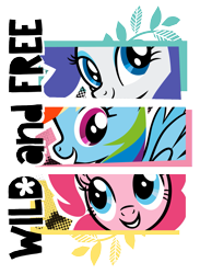 Size: 1503x2048 | Tagged: artist needed, safe, alternate version, pinkie pie, rainbow dash, rarity, earth pony, pegasus, pony, unicorn, g4, official, black outlines, closed mouth, design, english, female, grin, horn, leaves, looking at you, looking up, mare, merchandise, open mouth, open smile, screentone, shirt design, simple background, smiling, spread wings, stock vector, text, transparent background, trio, trio female, vine, wild and free, wings, zazzle