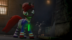 Size: 3840x2160 | Tagged: safe, oc, oc:blushyblack, human, unicorn, 3d, alley, clothes, evil, evil smile, glowstick, gmod, grin, horn, looking at you, photoshop, skirt, smiling, socks, soldiers, striped socks