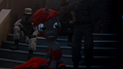 Size: 3840x2160 | Tagged: safe, oc, oc:blushyblack, human, unicorn, 3d, gmod, horn, looking at you, looking up, petting, smiling, soldier, stairs