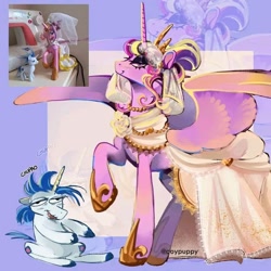 Size: 720x720 | Tagged: safe, artist:coypuppy, princess cadance, shining armor, alicorn, pony, unicorn, g4, concave belly, duo, exploitable meme, female, horn, large wings, lidded eyes, long horn, male, mare, meme, partially open wings, physique difference, size difference, slender, stallion, tall, the bride and the ugly ass groom, thin, toy interpretation, wings