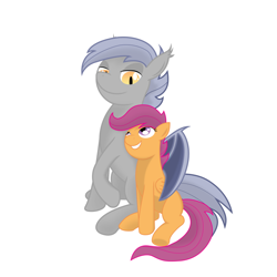 Size: 1024x1024 | Tagged: safe, artist:gatesmccloud, scootaloo, oc, oc:night crescent, bat pony, pegasus, pony, fanfic:cops and robbers, adoptable, adopted, adopted daughter, adopted offspring, bat pony oc, cute, cutealoo, duo, fanfic art, female, filly, foal, grin, hug, lidded eyes, looking at each other, looking at someone, mare, mother and child, mother and daughter, scootadoption, scootalove, simple background, smiling, smiling at each other, story included, white background, winghug, wings