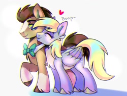 Size: 2334x1774 | Tagged: safe, artist:virygo19, derpy hooves, doctor whooves, time turner, earth pony, pegasus, pony, g4, boop, chromatic aberration, coat markings, duo, eyes closed, female, heart, male, mare, nuzzling, ship:doctorderpy, shipping, simple background, smiling, socks (coat markings), stallion, straight, white background