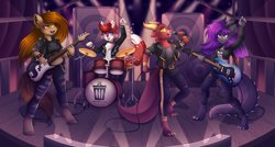 Size: 8465x4548 | Tagged: safe, artist:madelinne, oc, oc only, oc:fritzy, oc:retro pixle, oc:smidrak, oc:yan, dragon, pony, anthro, anthro oc, band, bass guitar, drum kit, drums, electric guitar, guitar, microphone, musical instrument, singing, speaker, stage