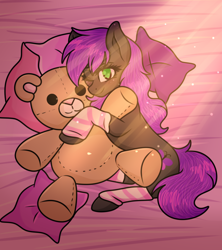 Size: 800x900 | Tagged: safe, artist:nikkolover12, oc, oc only, oc:lucy violetmane, earth pony, pony, bed, black fur, clothes, crossdressing, cute, detailed background, eyelashes, femboy, full body, green eyes, hug, looking at you, male, morning, on bed, pillow, plushie, pony ears, purple hair, purple mane, purple tail, smiling, socks, solo, stallion, striped socks, tail, teddy bear, toy