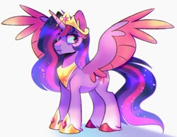 Size: 2450x1900 | Tagged: safe, artist:virygo19, twilight sparkle, alicorn, pony, g4, chromatic aberration, colored hooves, colored wings, crown, ethereal mane, ethereal tail, female, hair over one eye, hoof shoes, jewelry, mare, older, older twilight, older twilight sparkle (alicorn), peytral, princess twilight 2.0, regalia, simple background, solo, spread wings, tail, twilight sparkle (alicorn), unshorn fetlocks, white background, wings