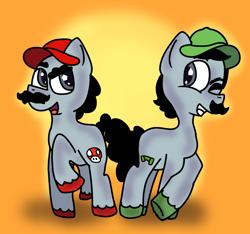 Size: 1472x1377 | Tagged: safe, artist:bloodiebitez, idw, crystal pony, pony, brothers, facial hair, full body, luigi, male, mar10, mar10 day, mario, mario day, moustache, mushroom, one eye closed, pipe (plumbing), plumber, raised hoof, siblings, simple background, simple shading, super mario bros., twins, warp pipe, wink