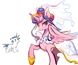 Size: 958x803 | Tagged: safe, artist:utaaydote1, princess cadance, shining armor, alicorn, pony, unicorn, g4, clothes, concave belly, dress, duo, female, height difference, horn, male, mare, meme, messy mane, physique difference, ship:shiningcadance, shipping, simple background, size difference, slender, smiling, stallion, straight, the bride and the ugly ass groom, thin, toy interpretation, wedding dress, white background