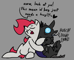 Size: 1126x917 | Tagged: safe, artist:skookz, oc, oc:rosebud, changeling, earth pony, pony, choking, duo, eyes closed, fangs, female, gray background, hape, hug, hug from behind, mare, personal space invasion, simple background, speech bubble, text