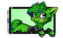 Size: 1920x1176 | Tagged: safe, artist:clarsithell, oc, oc only, oc:zodia autos, pony, unicorn, blue eyes, breaking the fourth wall, clothes, cute, drawing tablet, fluffy, fur, green fur, green mane, green tail, hooves, horn, it's coming right at us, jacket, male, pony ears, shirt, signature, simple background, solo, stallion, tail, transparent background
