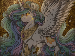 Size: 1280x960 | Tagged: safe, artist:binibean, princess celestia, alicorn, earth pony, g4, abstract background, concave belly, crying, female, gold blood, implied daybreaker, looking at you, mare, mid-transformation, solo, spread wings, transformation, unusual pupils, wings