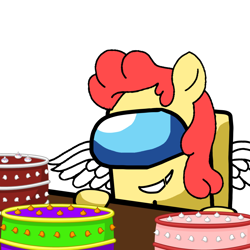 Size: 1280x1280 | Tagged: safe, artist:josephthedumbimpostor, oc, oc only, oc:power star, among us, cake, food, happy, rule 85, simple background, smiling, solo, super mario 64, white background