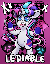Size: 4700x6000 | Tagged: safe, artist:partypievt, oc, oc:party pie, classical unicorn, pony, unicorn, absurd resolution, bat wings, card, card game, clothes, cloven hooves, collar, eye clipping through hair, eyebrows, eyebrows visible through hair, female, fringe, horn, joker (persona), kiss mark, leash, leonine tail, lipstick, looking at you, looking down, looking down at you, mare, mask, masquerade mask, persona, persona 5, ponytail, sharp teeth, shoes, solo, teeth, unshorn fetlocks, vtuber, wings