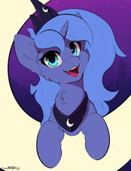 Size: 2000x2600 | Tagged: safe, artist:skitsroom, princess luna, alicorn, pony, g4, cute, cute little fangs, fangs, female, happy, looking at you, lunabetes, mare, moon, open mouth, open smile, s1 luna, smiling, smiling at you, solo, stars, tangible heavenly object