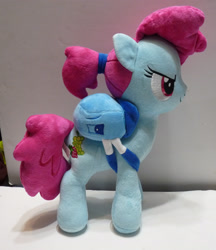 Size: 2364x2736 | Tagged: safe, artist:onlyfactory, fruit pack, ruby splash, earth pony, pony, g4, backpack, bootleg, female, high res, irl, mare, photo, plushie, ponytail, smiling, smirk