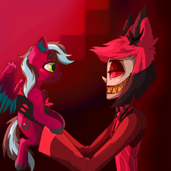 Size: 1600x1600 | Tagged: safe, alternate character, alternate version, artist:krais, artist:ritork, oc, oc:razzmatazz gleam, bat, bat pony, deer, demon, hybrid, pegabat, pegasus, pony, undead, wendigo, alastor, crossover, deer demon, duo, duo male and female, female, hazbin hotel, hellaverse, holding a pony, looking at each other, looking at someone, male, mare, overlord demon, sinner demon, size difference, smiling, smiling at each other, that's entertainment