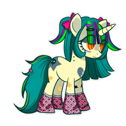 Size: 1000x1000 | Tagged: source needed, safe, artist:cottimiau, oc, oc only, oc:zombie crunch, unicorn, bags under eyes, barrette, bow, clothes, female, hair bow, horn, pigtails, simple background, socks, solo, swirly eyes, transparent background