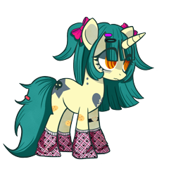 Size: 1000x1000 | Tagged: source needed, safe, artist:cottimiau, oc, oc only, oc:zombie crunch, unicorn, bags under eyes, barrette, bow, clothes, female, hair bow, horn, pigtails, simple background, socks, solo, swirly eyes, transparent background