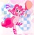 Size: 1932x2013 | Tagged: safe, artist:emoboy130, pinkie pie, earth pony, pony, g4, abstract background, anatomically incorrect, balloon, belly, bipedal, chest fluff, clothes, cute, diapinkes, emanata, female, incorrect leg anatomy, mare, missing cutie mark, open mouth, pink pony, socks, solo, sparkles, standing, standing on one leg, striped socks, watermark